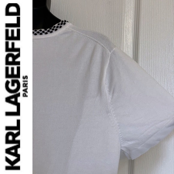 KARL LAGERFELD PARIS white knit t-shirt with black neck trim, XL - Picture 8 of 16